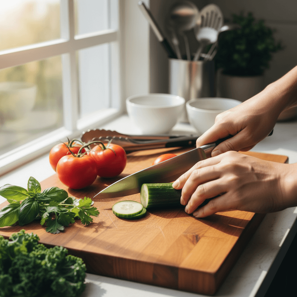 Hands using a kitchen gadget to prepare food