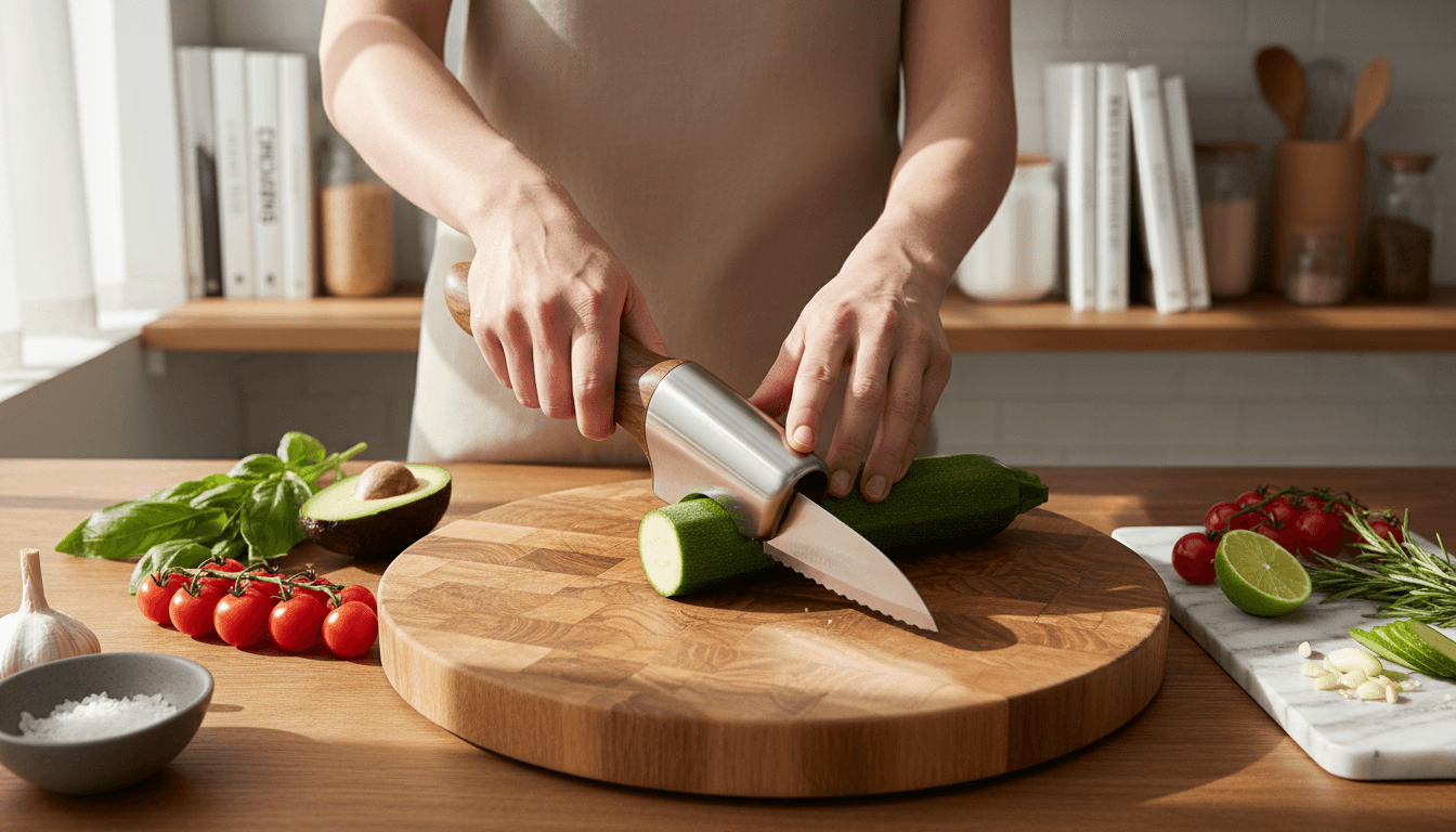 Person selecting home and kitchen products from an organized counter with warm natural lighting