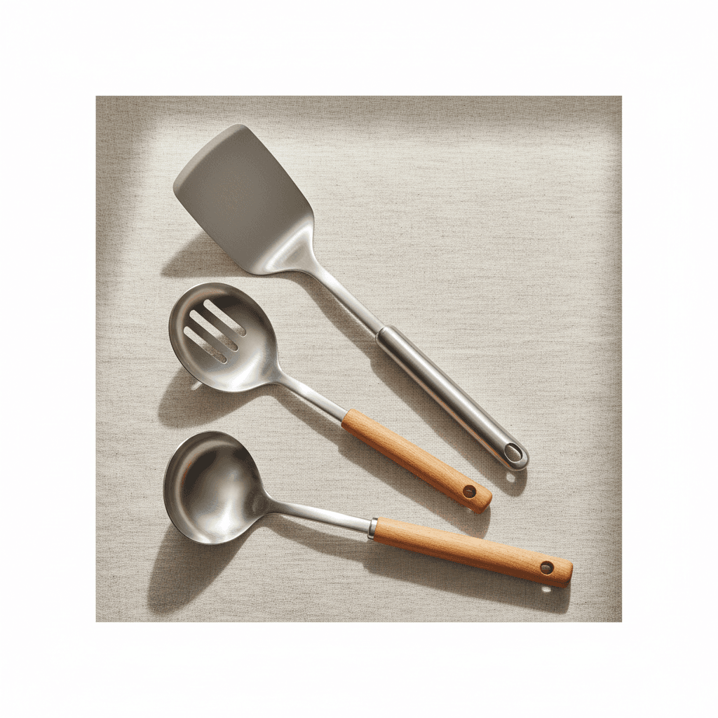 Stainless steel kitchen utensils on natural wood