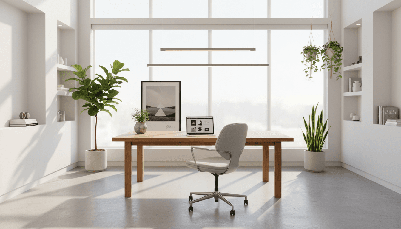 Bright, minimalist home office with natural light, wooden desk, and views of green outdoor space