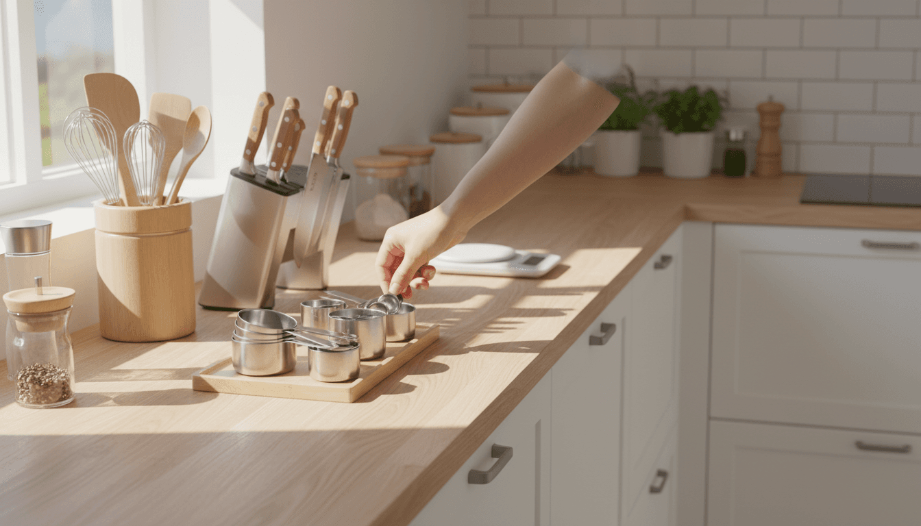 Organized home and kitchen products on a modern countertop with natural lighting