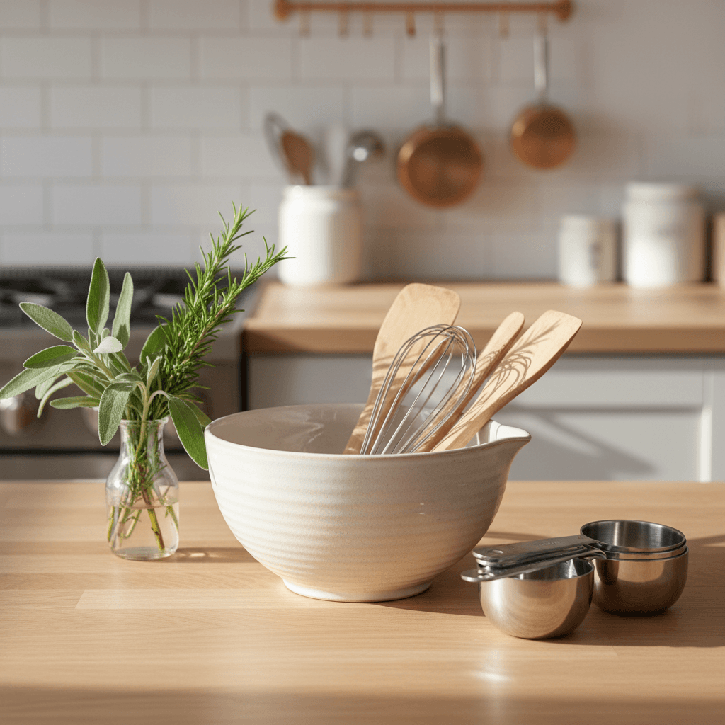 Styled kitchen countertop with ceramic bowl, wooden utensils, measuring cups, and fresh herbs in natural morning light