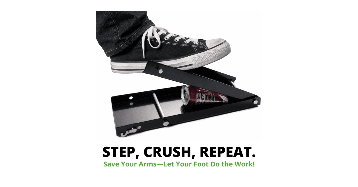 Foot in a black sneaker using a metal crusher to flatten a red aluminum can.